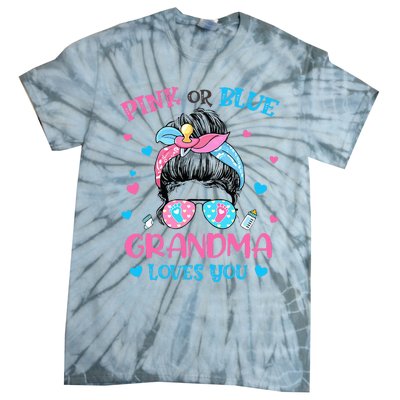 Pink or Blue Grandma Loves You Gender Reveal Messy Bun Tie-Dye T-Shirt