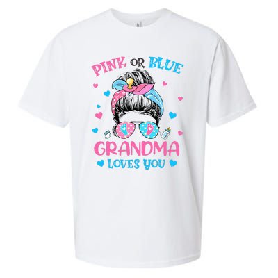 Pink or Blue Grandma Loves You Gender Reveal Messy Bun Sueded Cloud Jersey T-Shirt