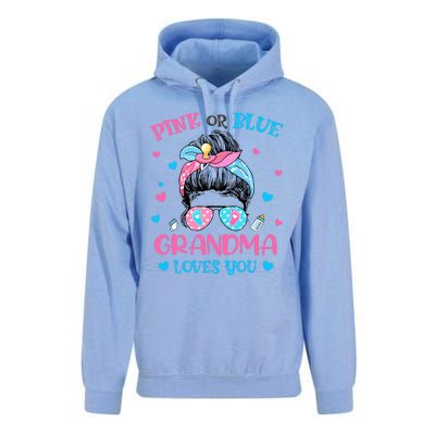 Pink or Blue Grandma Loves You Gender Reveal Messy Bun Unisex Surf Hoodie