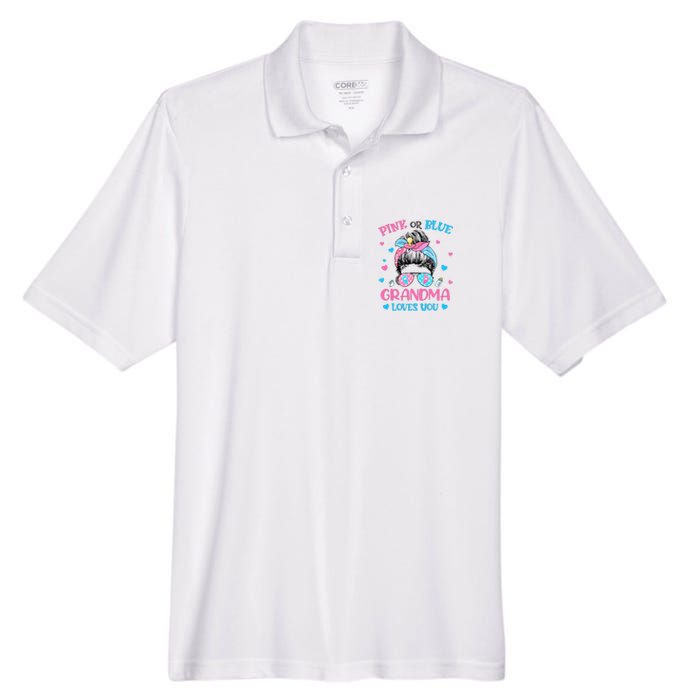 Pink or Blue Grandma Loves You Gender Reveal Messy Bun Men's Origin Performance Pique Polo