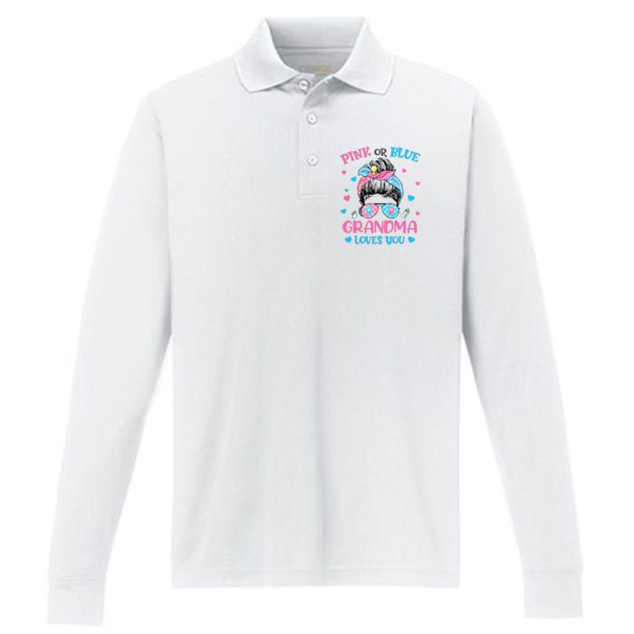 Pink or Blue Grandma Loves You Gender Reveal Messy Bun Performance Long Sleeve Polo