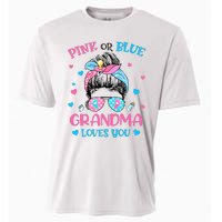 Pink or Blue Grandma Loves You Gender Reveal Messy Bun Cooling Performance Crew T-Shirt