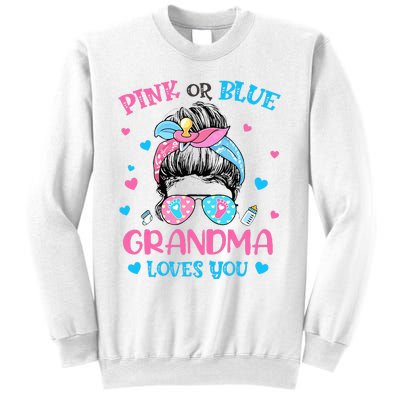 Pink or Blue Grandma Loves You Gender Reveal Messy Bun Sweatshirt