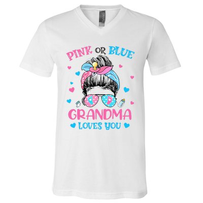 Pink or Blue Grandma Loves You Gender Reveal Messy Bun V-Neck T-Shirt