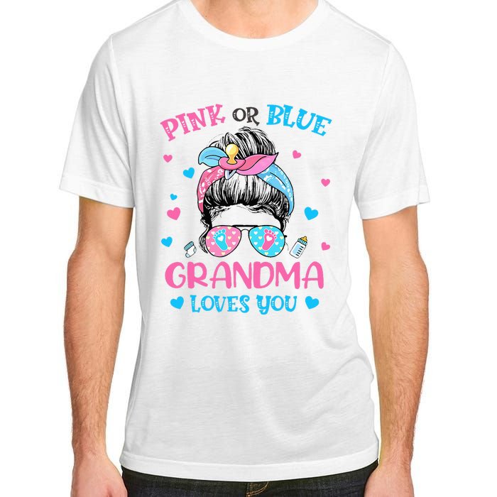 Pink or Blue Grandma Loves You Gender Reveal Messy Bun Adult ChromaSoft Performance T-Shirt