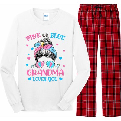 Pink or Blue Grandma Loves You Gender Reveal Messy Bun Long Sleeve Pajama Set