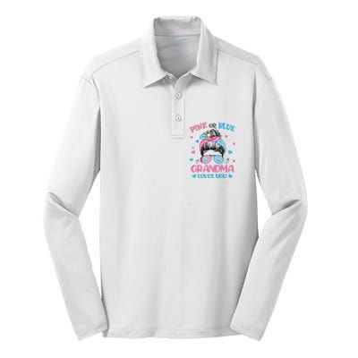 Pink or Blue Grandma Loves You Gender Reveal Messy Bun Silk Touch Performance Long Sleeve Polo