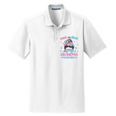 Pink or Blue Grandma Loves You Gender Reveal Messy Bun Dry Zone Grid Polo