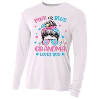 Pink or Blue Grandma Loves You Gender Reveal Messy Bun Cooling Performance Long Sleeve Crew