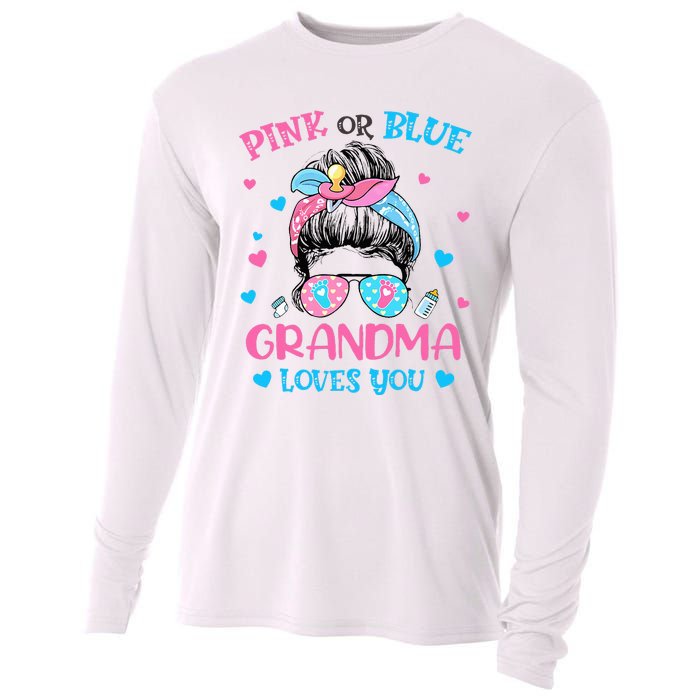 Pink or Blue Grandma Loves You Gender Reveal Messy Bun Cooling Performance Long Sleeve Crew