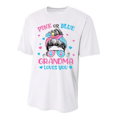 Pink or Blue Grandma Loves You Gender Reveal Messy Bun Performance Sprint T-Shirt