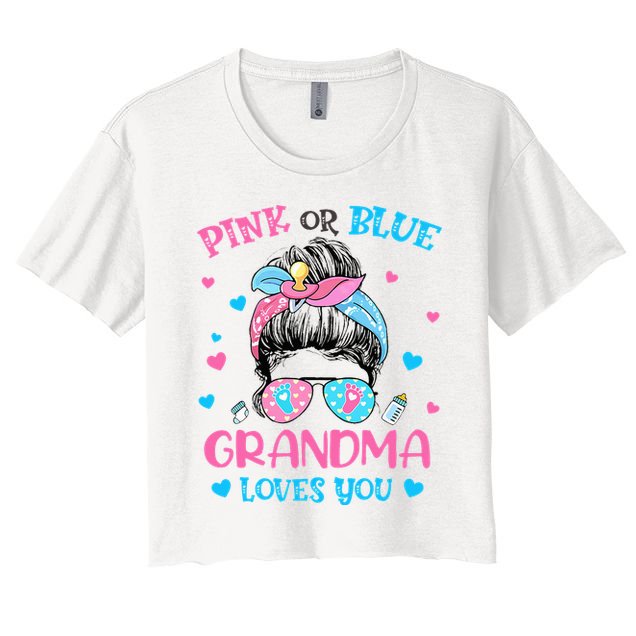Pink or Blue Grandma Loves You Gender Reveal Messy Bun Crop Top
