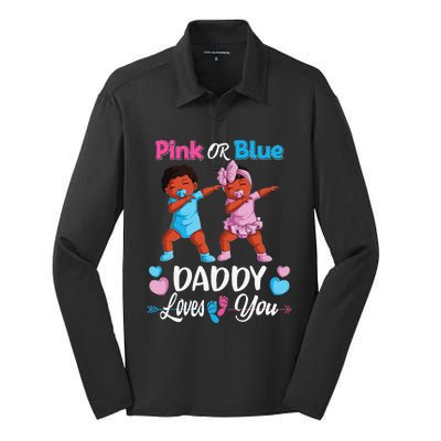 Pink Or Blue Daddy Loves You Black Baby Gender Reveal Party Silk Touch Performance Long Sleeve Polo