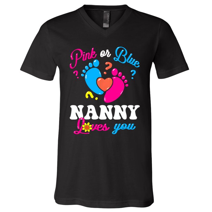 Pink Or Blue Nanny Loves You Baby Gender Reveal V-Neck T-Shirt