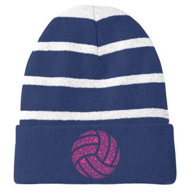 Pink Out Breast Cancer Awareness Pink Ribbon Volleyball Ball Striped Beanie with Solid Band