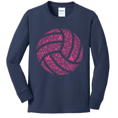 Pink Out Breast Cancer Awareness Pink Ribbon Volleyball Ball Kids Long Sleeve Shirt