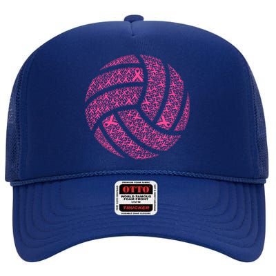 Pink Out Breast Cancer Awareness Pink Ribbon Volleyball Ball High Crown Mesh Back Trucker Hat