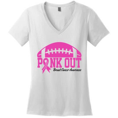 Pink Out Breast Cancer Awareness Football Ribbon Women's V-Neck T-Shirt