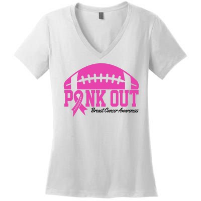 Pink Out Breast Cancer Awareness Football Ribbon Women's V-Neck T-Shirt