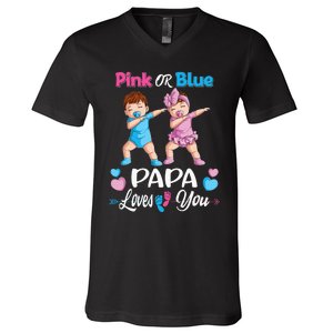 Pink Or Blue Papa Loves You Baby Gender Reveal Party V-Neck T-Shirt