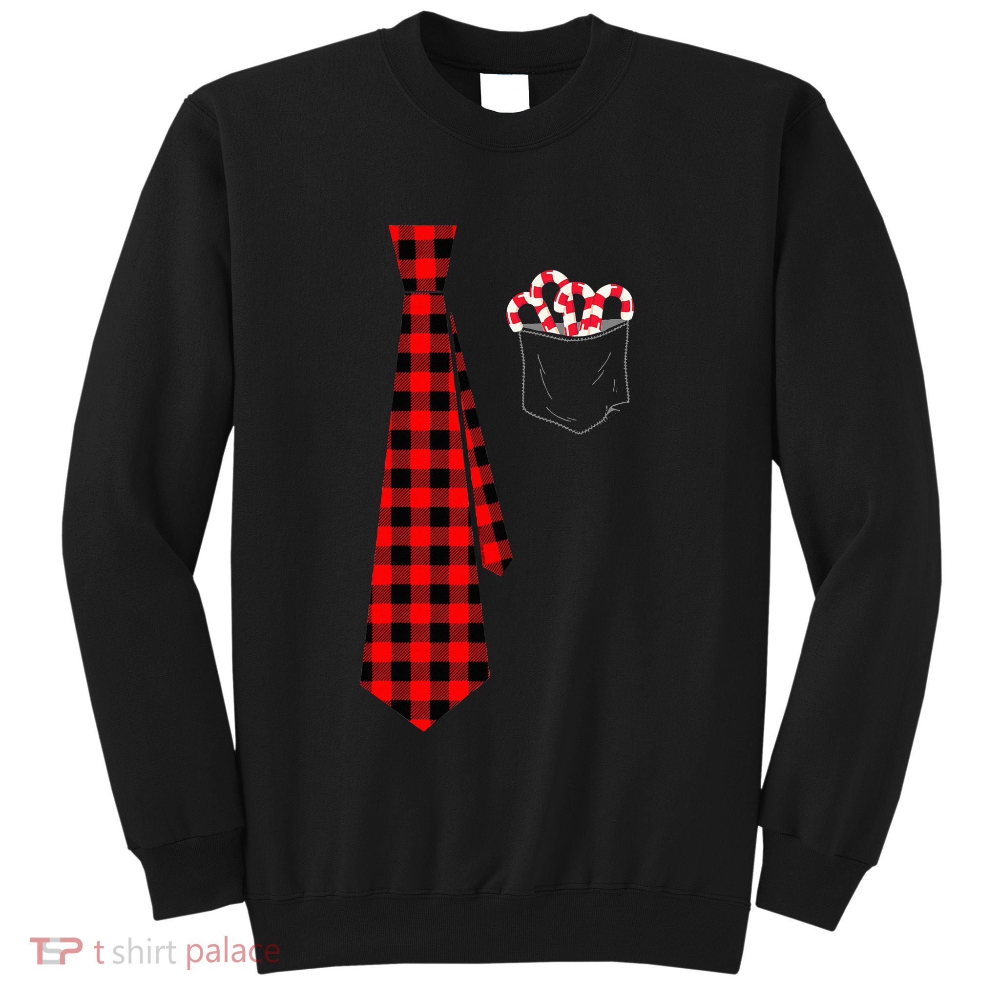 Pocket Of Candy Canes Red Buffalo Plaid Neck Tie Christmas Sweatshirt