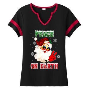 Peace On Earth Sign Merry Christmas Santa Hat Hippie Gift Ladies Halftime Notch Neck Tee