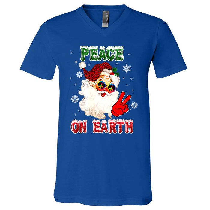 Peace On Earth Sign Merry Christmas Santa Hat Hippie Gift V-Neck T-Shirt