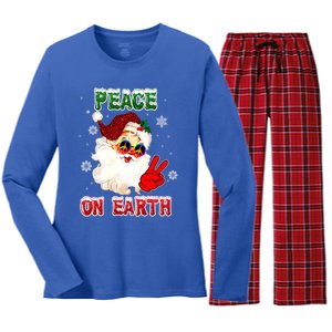 Peace On Earth Sign Merry Christmas Santa Hat Hippie Gift Women's Long Sleeve Flannel Pajama Set 