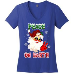 Peace On Earth Sign Merry Christmas Santa Hat Hippie Gift Women's V-Neck T-Shirt