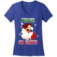 Peace On Earth Sign Merry Christmas Santa Hat Hippie Gift Women's V-Neck T-Shirt