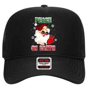 Peace On Earth Sign Merry Christmas Santa Hat Hippie Xmas Holiday High Crown Mesh Back Trucker Hat