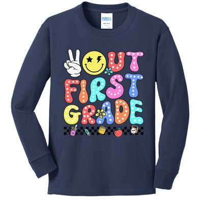 Peace Out First Grade Cute Groovy Last Day Of 1st Grade Kids Long Sleeve Shirt