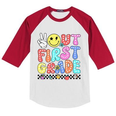 Peace Out First Grade Cute Groovy Last Day Of 1st Grade Kids Colorblock Raglan Jersey