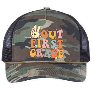 Peace Out First Grade Last Day of School 1st Grade Retro Rope Trucker Hat Cap