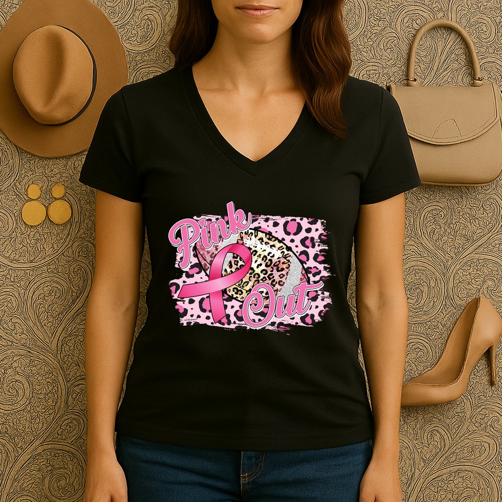 Pink Out Football Breast Cancer Awareness Women's V-Neck T-Shirt