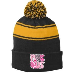 Pink Out Football Team Breast Cancer Awareness Stripe Pom Pom Beanie