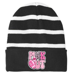 Pink Out Football Team Breast Cancer Awareness Striped Beanie with Solid Band