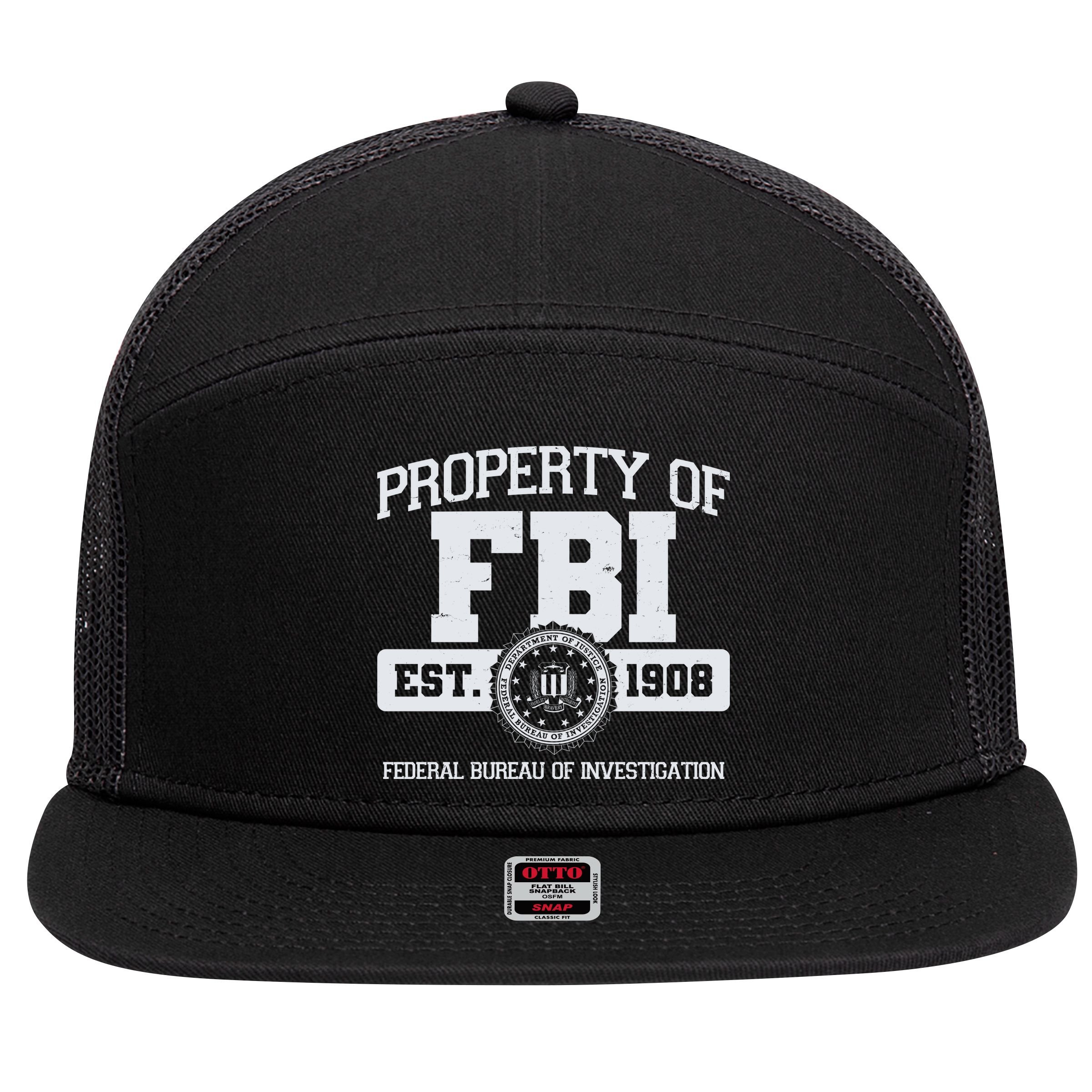 Property Of FBI Federal Bureau Of Investigation Est 1908 7 Panel Mesh Trucker Snapback Hat