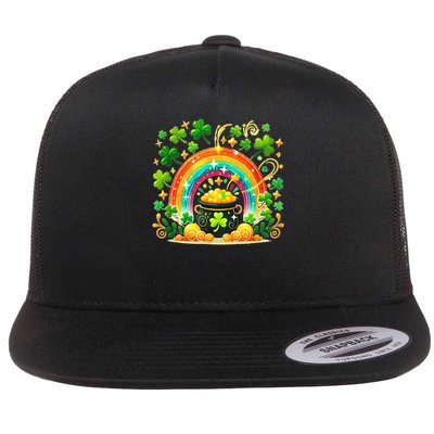 Pot of Gold & Rainbow Luck St Patrick Day Irish Flat Bill Trucker Hat