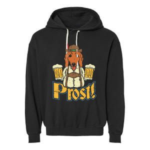 Prost Oktoberfest German Dachshund Dog Drinking Beer Garment-Dyed Fleece Hoodie