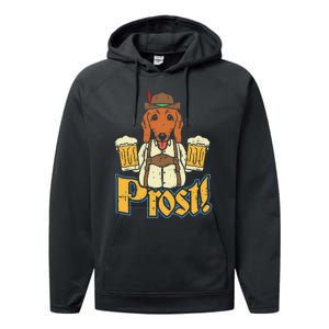 Prost Oktoberfest German Dachshund Dog Drinking Beer Performance Fleece Hoodie