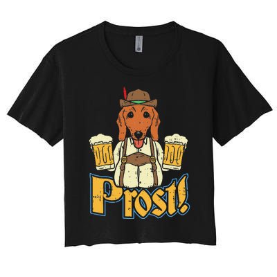 Prost Oktoberfest German Dachshund Dog Drinking Beer Women's Crop Top Tee