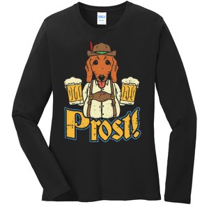 Prost Oktoberfest German Dachshund Dog Drinking Beer Ladies Long Sleeve Shirt