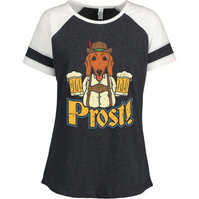 Prost Oktoberfest German Dachshund Dog Drinking Beer Enza Ladies Jersey Colorblock Tee