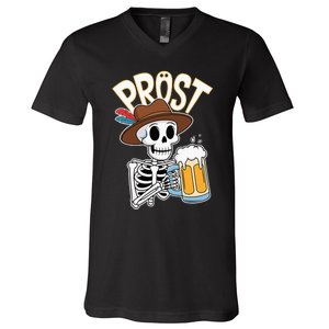 Prost Oktoberfest Halloween Skeleton V-Neck T-Shirt