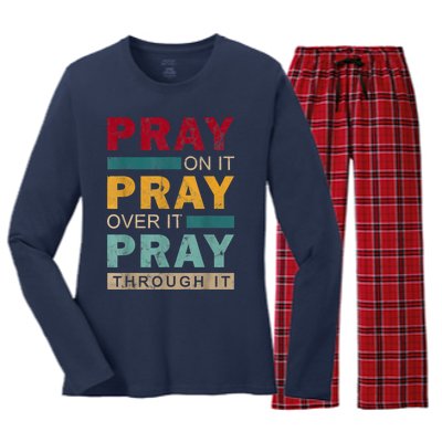 Pray On It Pray Over It Pray Through It Jesus Vintage Women's Long Sleeve Flannel Pajama Set 