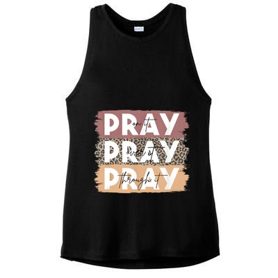 Pray On It Pray Over It Pray Through It Leopard Christian Ladies PosiCharge Tri-Blend Wicking Tank