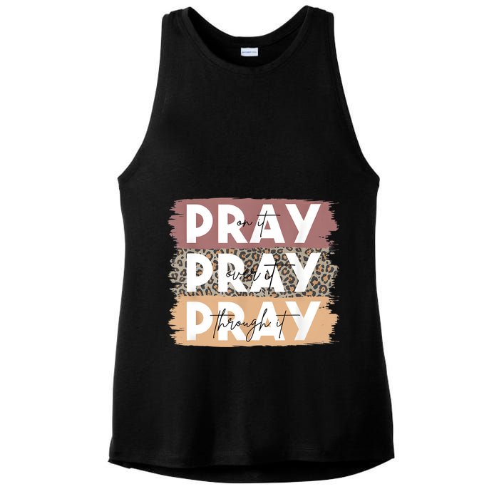 Pray On It Pray Over It Pray Through It Leopard Christian Ladies PosiCharge Tri-Blend Wicking Tank