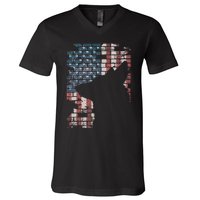 Police Officer K9 Dog Shep Pd American Flag Silhouette V-Neck T-Shirt