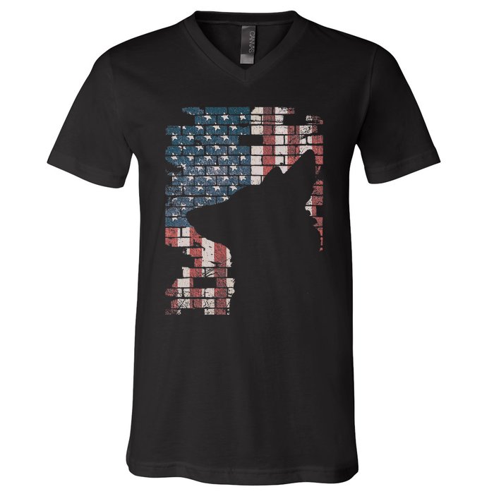 Police Officer K9 Dog Shep Pd American Flag Silhouette V-Neck T-Shirt